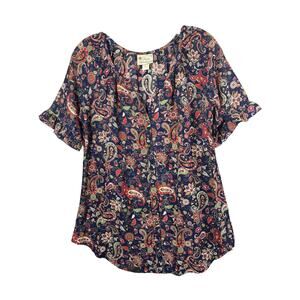 Pretty Rebellious Blue Floral Button Front Sheer Ruffle Sleeve Blouse Small